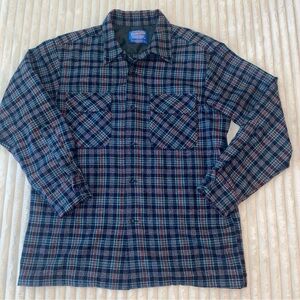 Pendleton Board Shirt Blue and Green Plaid Wool Shirt Loop Collar